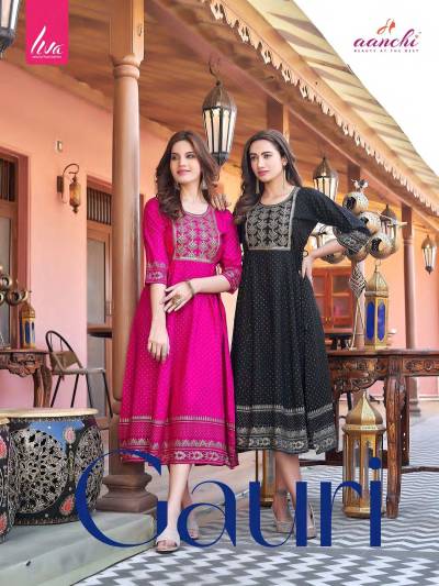 Gauri By Aanchi Fancy Rayon Printed Flared Kurti Collection